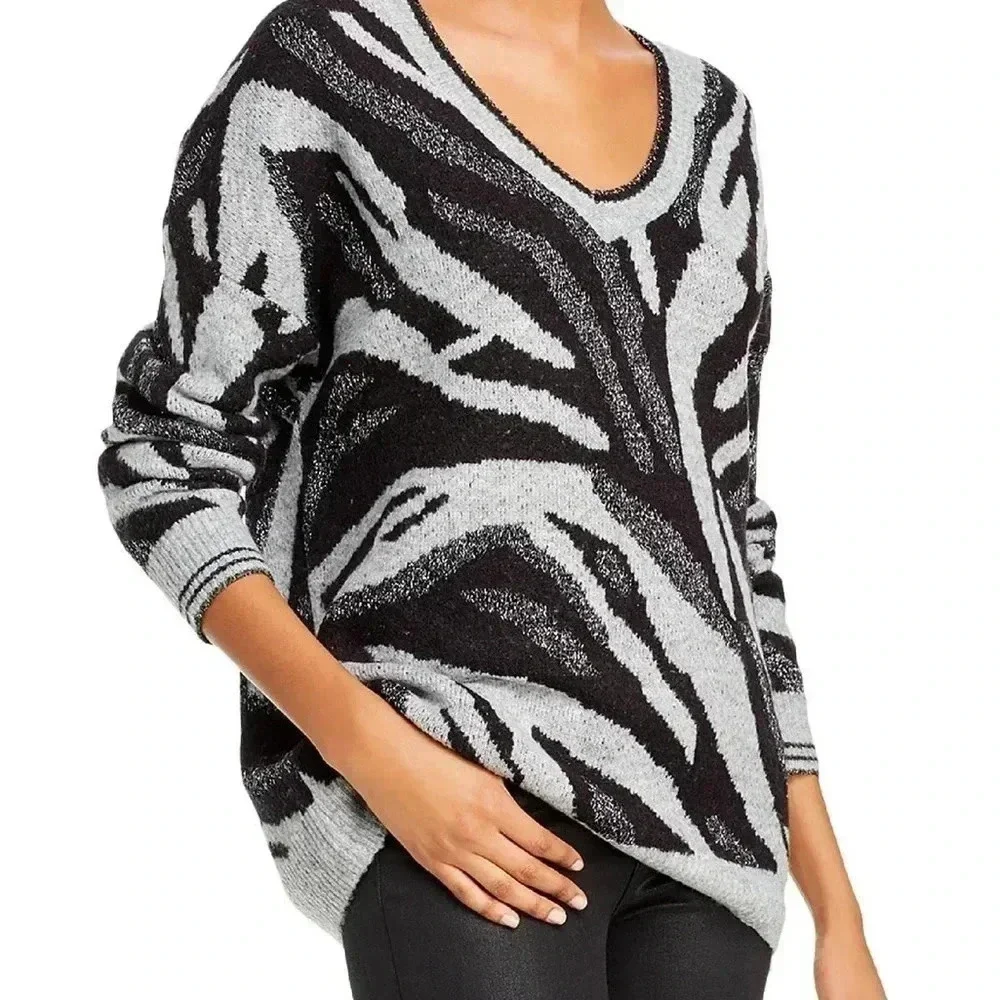 John & Jenn Ryker Dropped-Shoulder V-Neck Long Oversized Sweater Zebra Print, M